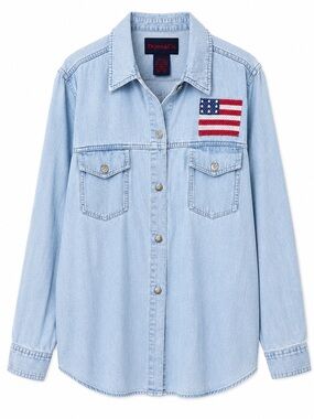 Denim & Co American Flag Cross Stitch Denim Shirt M Americana Patriotic 90s Top⁠